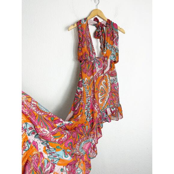 Sundress Amina Dress Size Large Fuchsia orange Print Halter Neck Asymmetric Hem - Picture 11 of 14